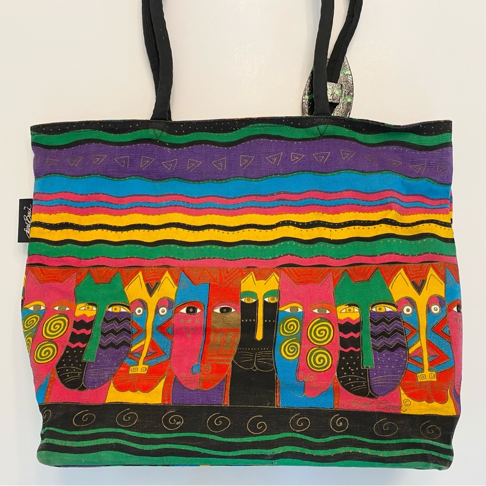 Laurel Burch Tote Bag Cats Canvas Coated Interior Vibrant Zipper Large Retired - Picture 6 of 14